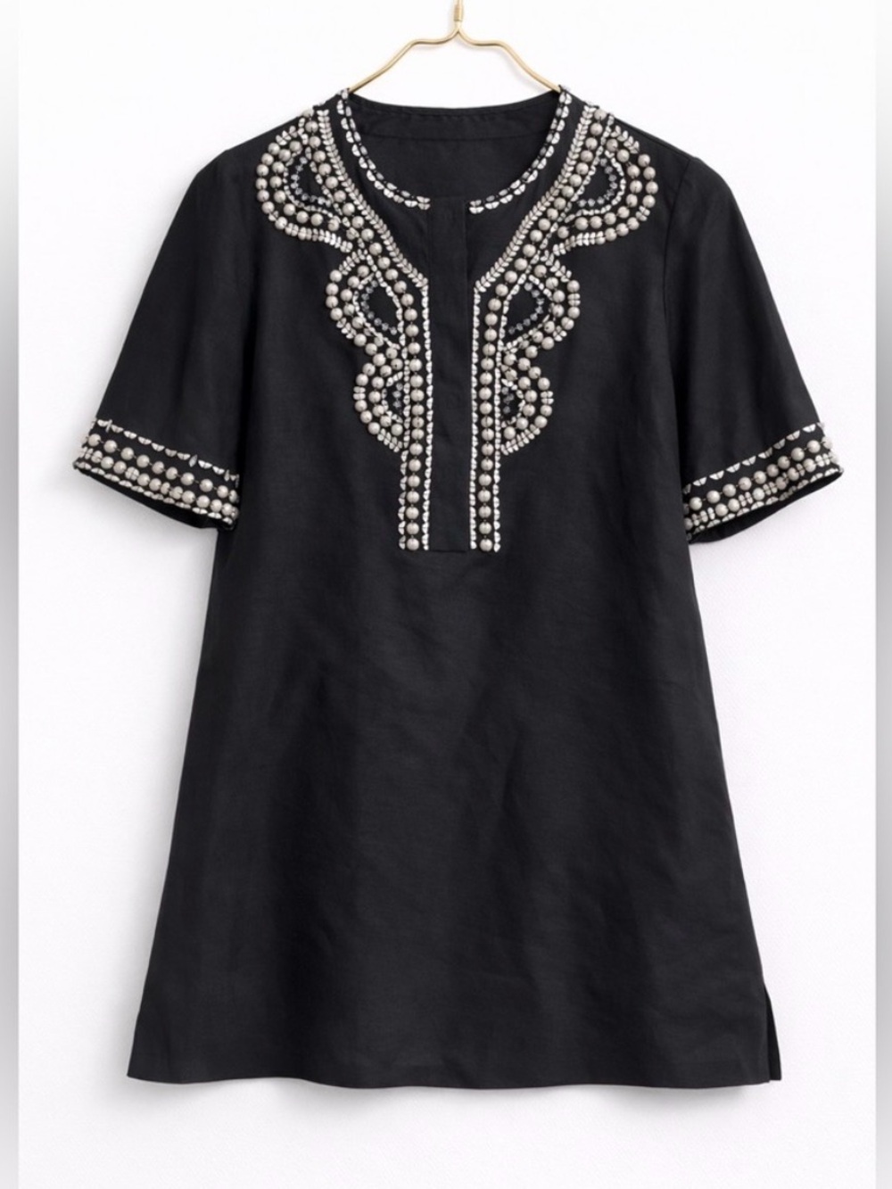 Elie Tahari Beaded Linen Blend‎ Tunic Top Boho Resort Size M coastal grandma